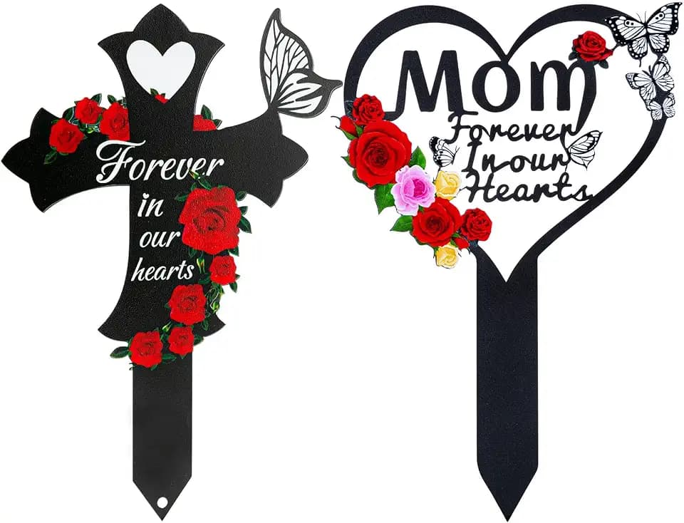2Pcs Cemetery Decorations for Grave, Mom, Memorial Cross Heart