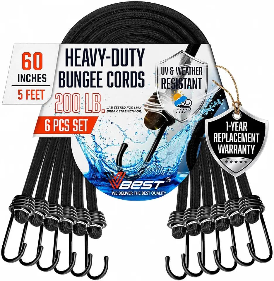Long Bungee Cords with Hooks - 6Pc 60 Inch Heavy Duty Outdoor Bungees