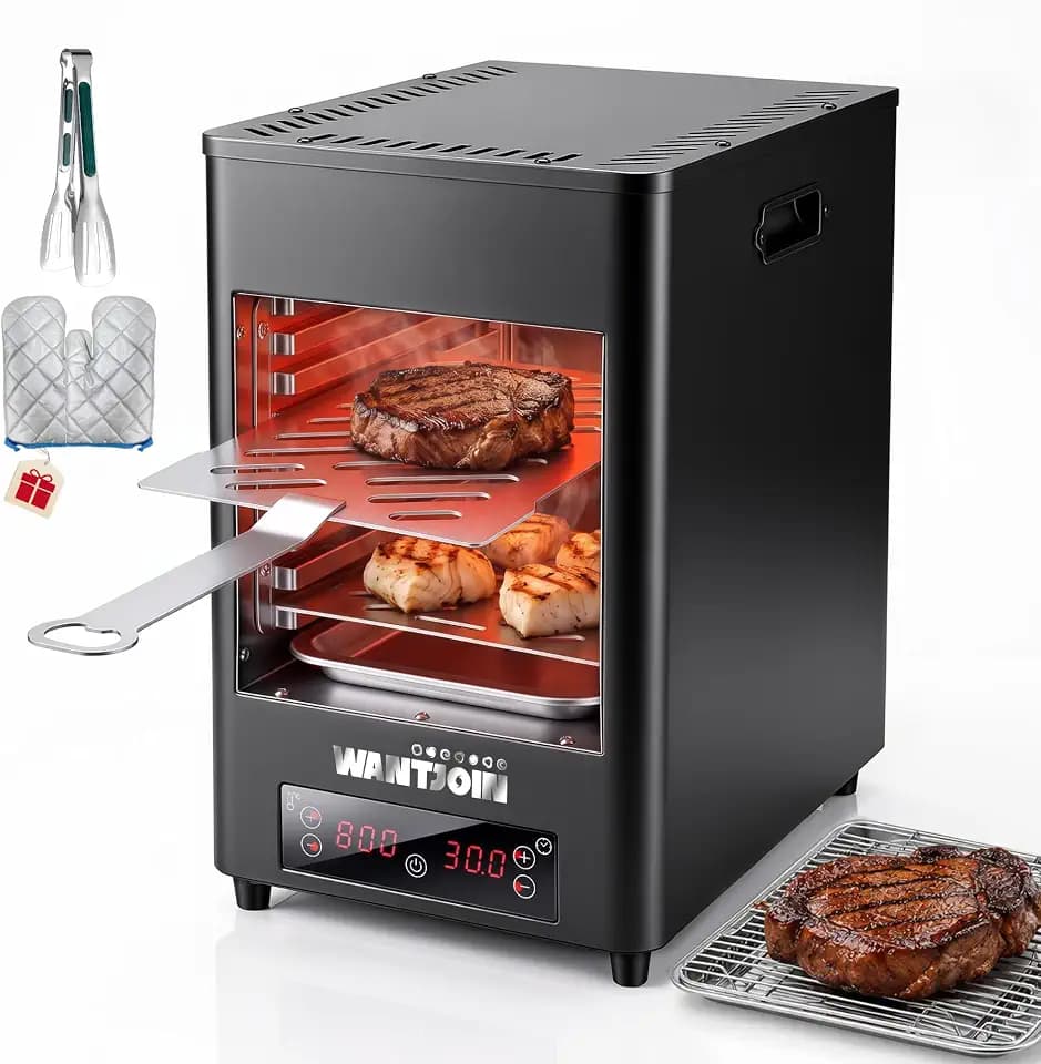 WantJoin Electric Steak Broiler - 1700W Upgraded Digital Touch Panel Broiler Steak Searer, High-Heat Up to 1450°F Top Broiling, 8-Level Adjustable Racks, Double SUS Trays & Drip Pans for Home (Black)