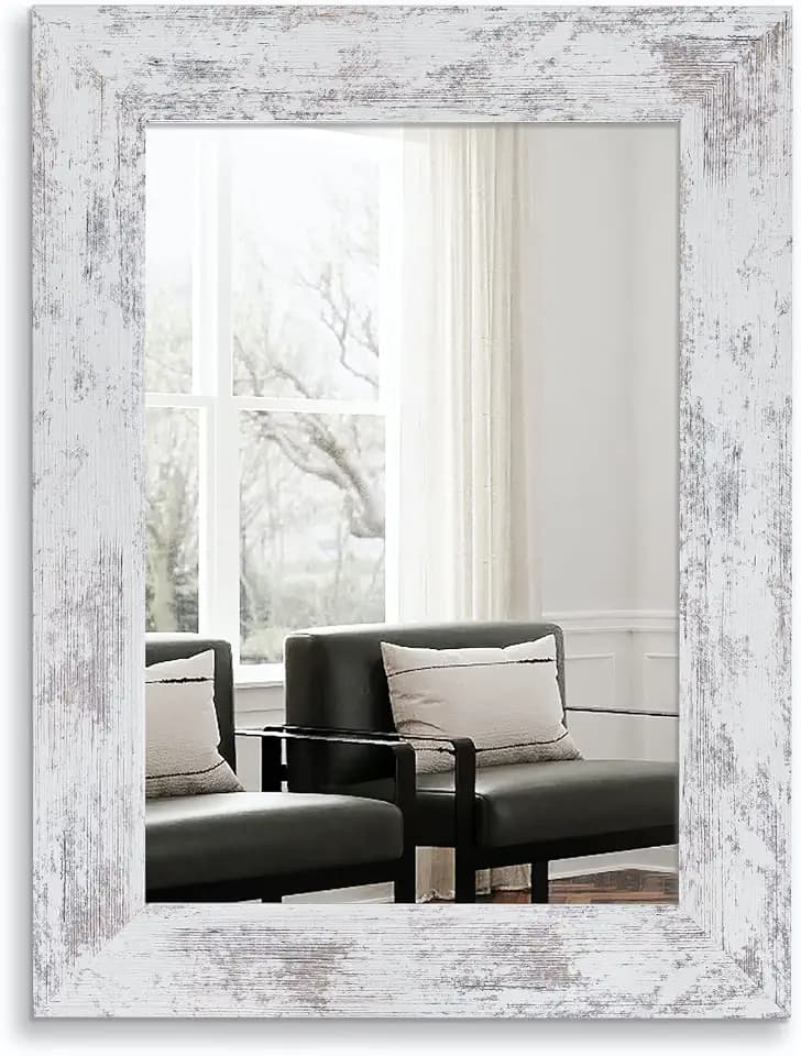 Syndra Wood Mirror with Frame, Rustic 24X32 Inch Wall Mounted Vanity Mirror with Large Wood Frame, Farmhouse Bathroom Mirror for Bedroom, Living Room, Entryway Wall Decor(White)