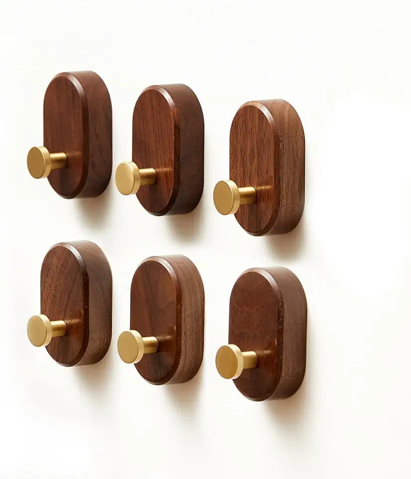 Wood Coat Hooks Wall Mount - Modern Walnut Coat Hook with Brass Accent for Hanging Clothes,Keys,Purse,Robes,Towel,Backpacks, Single Brass Wall Hooks Heavy Duty for Entryway, Closet, Bathroom (6 Pack)