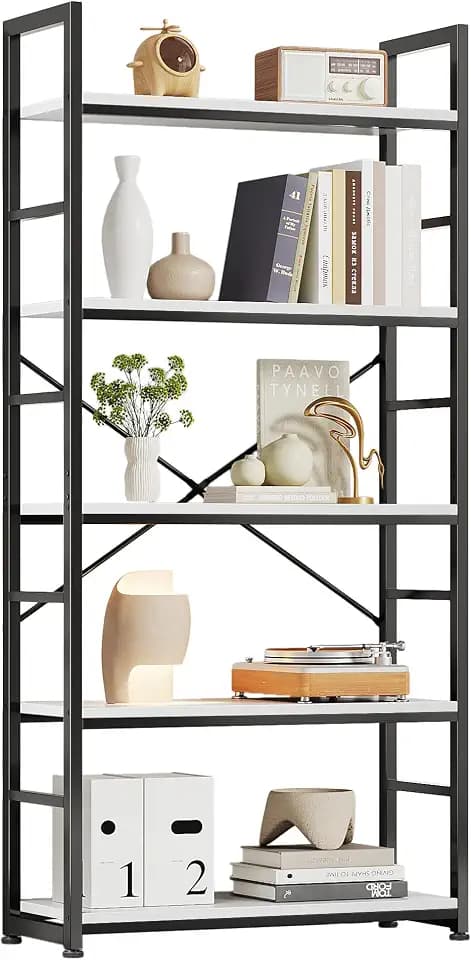 VERMESS 32 Inch Industrial Book Shelf, 5-Tier Display Bookshelf for Living Room Bedroom, Shelving Unit Wood Bookcase with Open Shelves, Metal Frame, White