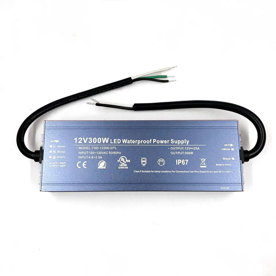LED Driver 300W 12V UL Listed Transformer, Waterproof IP67 Power Supply, 100-130V AC to 12V DC Low Voltage Adapter for Outdoor Use