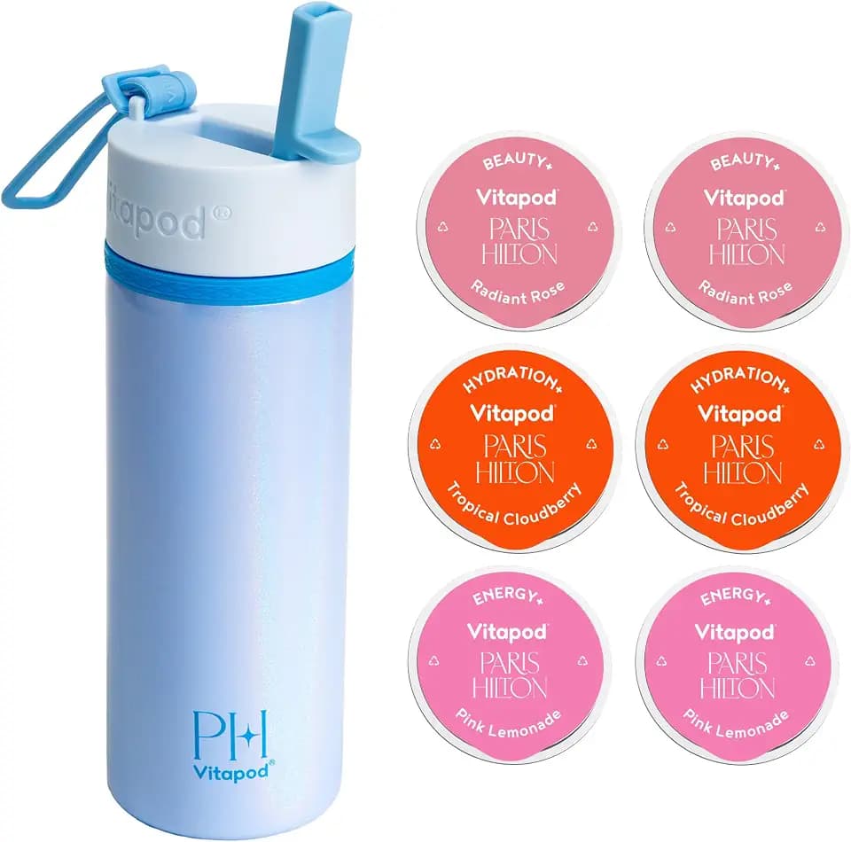 Vitapod Paris Hilton x Daily Wellness System - 22oz Pearlescent Water Bottle in Poolside Blue & 6 Drink Mix Pod Sampler, Includes BEAUTY+, HYDRATION+, and ENERGY+ Functional Drink Mix Pods