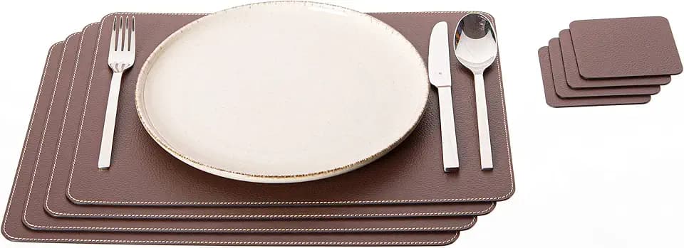 Nikalaz Set of Brown Placemats and Coasters, 4 Table Mats and 4 Coasters, Italian Recycled Leather, Place Mats 18 x 13 inches, Dining Table Set