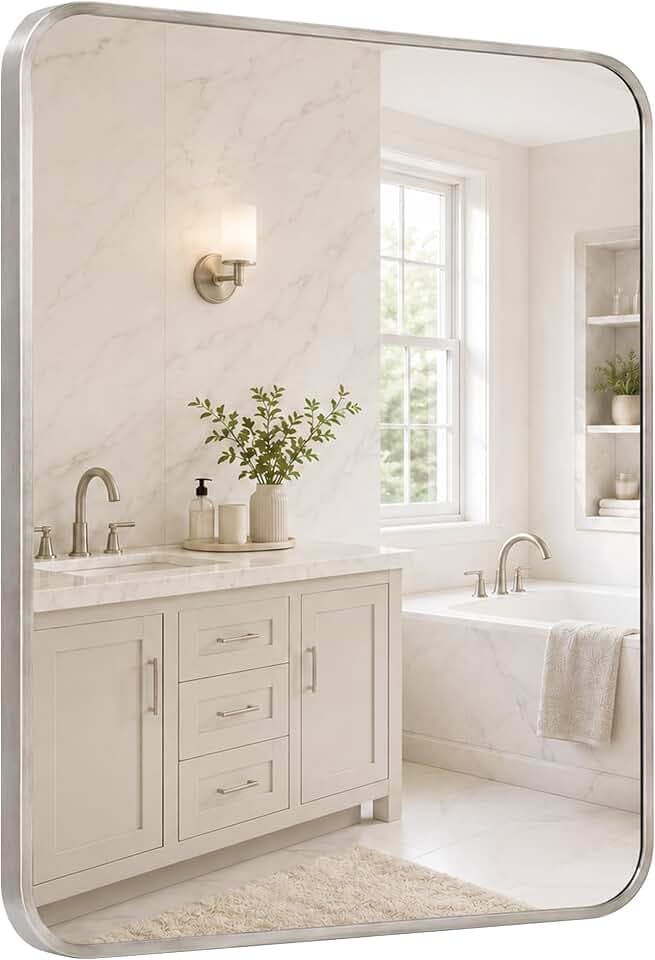 30x36 Inch Brushed Nickel Rounded Rectangle Bathroom Vanity Mirror