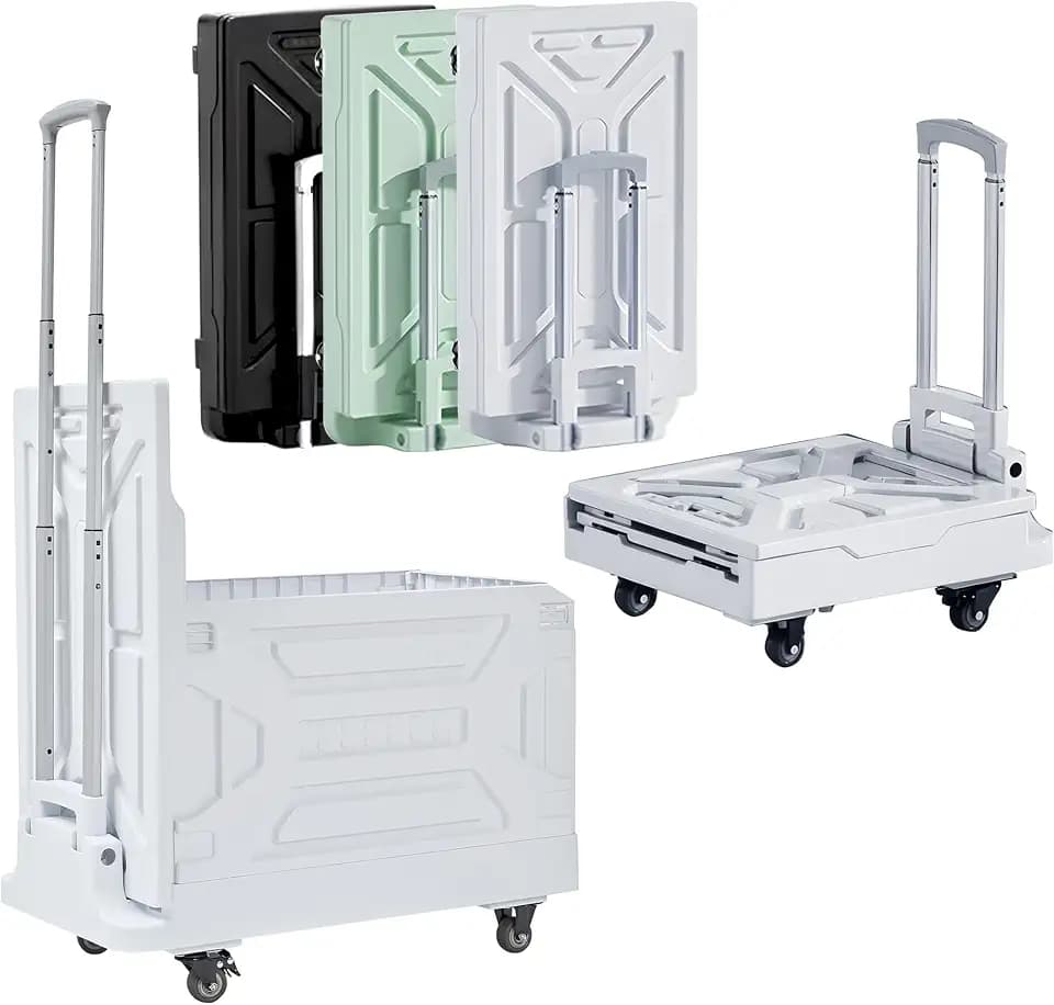 VECELO 23 GAL 2-in-1 Foldable Shopping Cart, Collapsible Utility Cart with Adjustable Handle & 360° Wheels, Dual-Mode Rolling Crate (Basket/Flatbed) for Groceries, Camping, Compact Storage, White