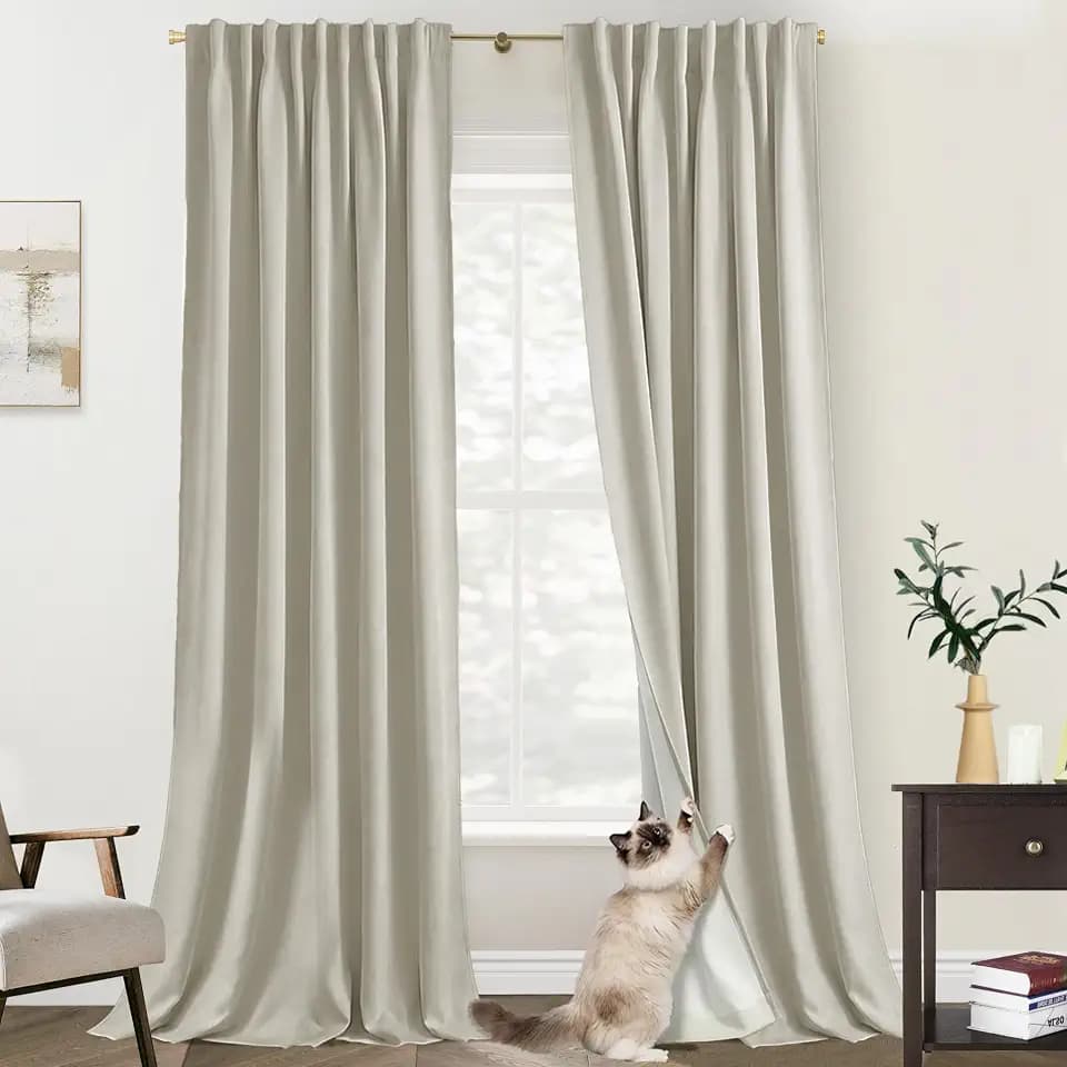 94 Inch Cat Proof Linen Pleated Blackout Curtains with Hooks, Perfect Length for Ring Top or Pinch Pleat Hanging Floor Length Drapes with Heading Tape for Bedroom Living Room, 2 Panel Set