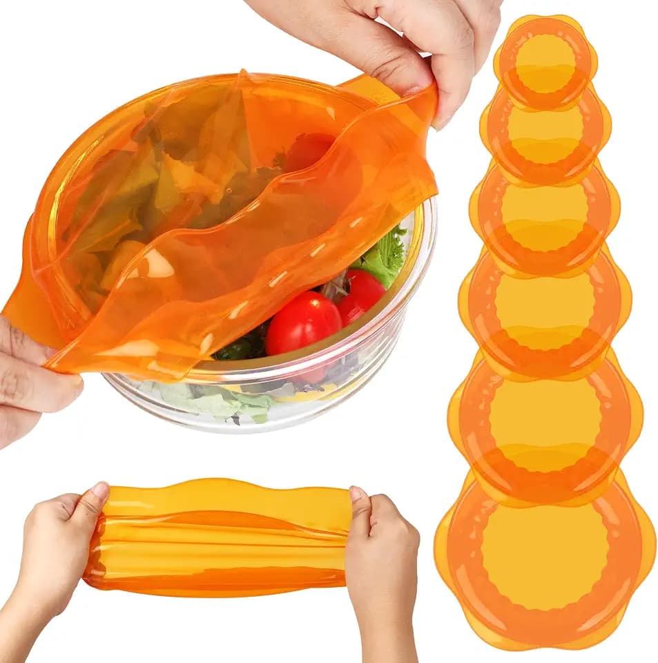 Silicone Stretch Lids for Food Storage in Fridge, Reusable Elastic Bowl Covers for Cup, Cans, Jars, Round & Rectangle Container, Food Grade Silicone Microwave Food Cover, Orange, 6PCS