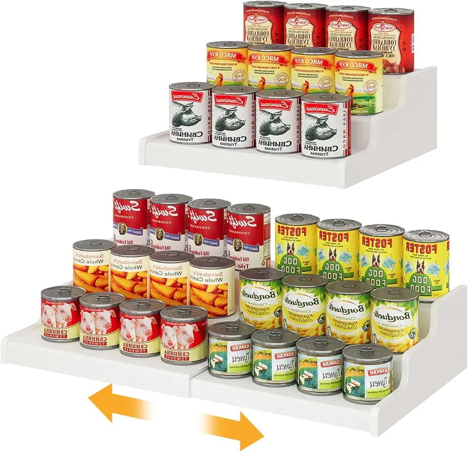3-Tier Expandable Bamboo Can Organizer for Pantry, Holds 24 Cans, White
