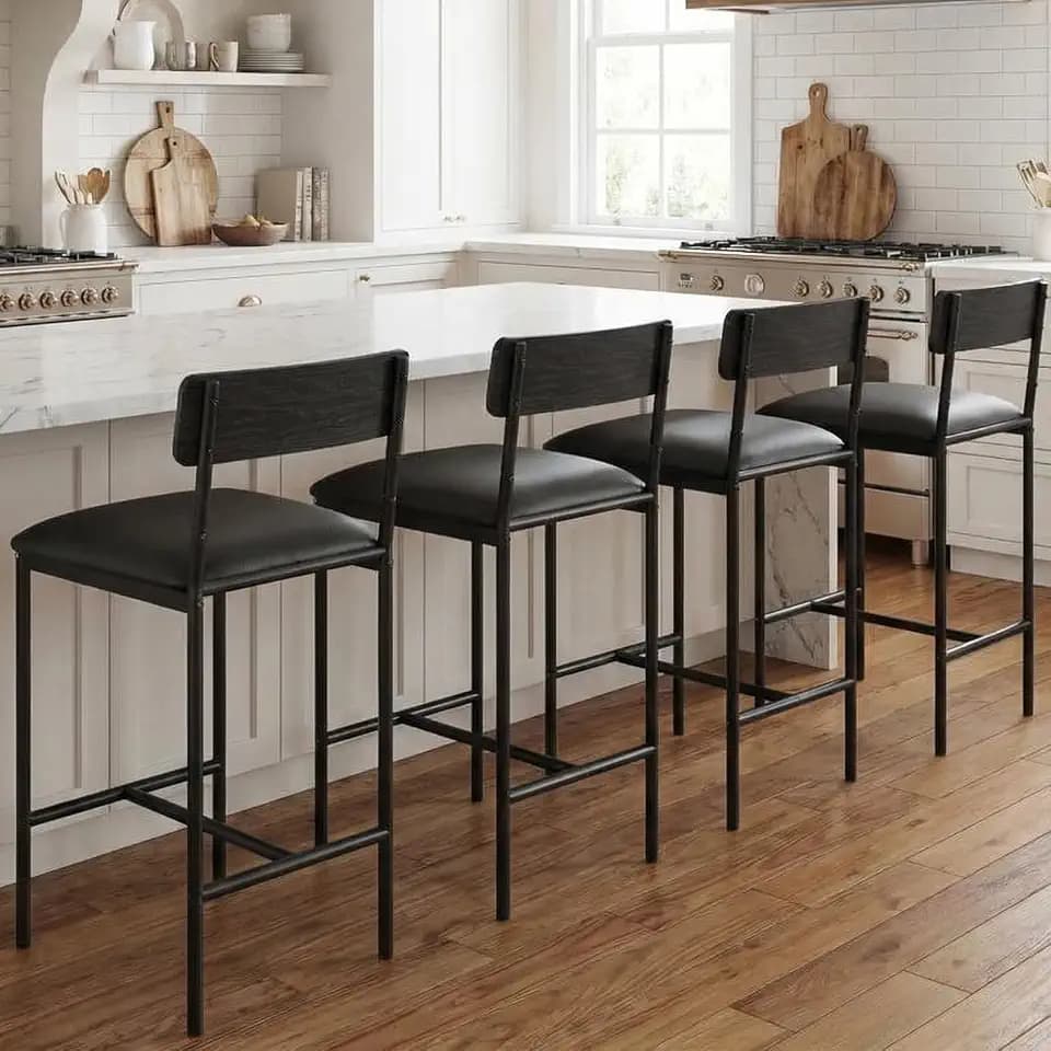 GarveeHome Bar Stools Set of 4, Upholstered Counter Height Bar Stools with Backrest and Footrest, Kitchen Barstools for Island, Counter Bar, Easy Assembly, Rustic Black