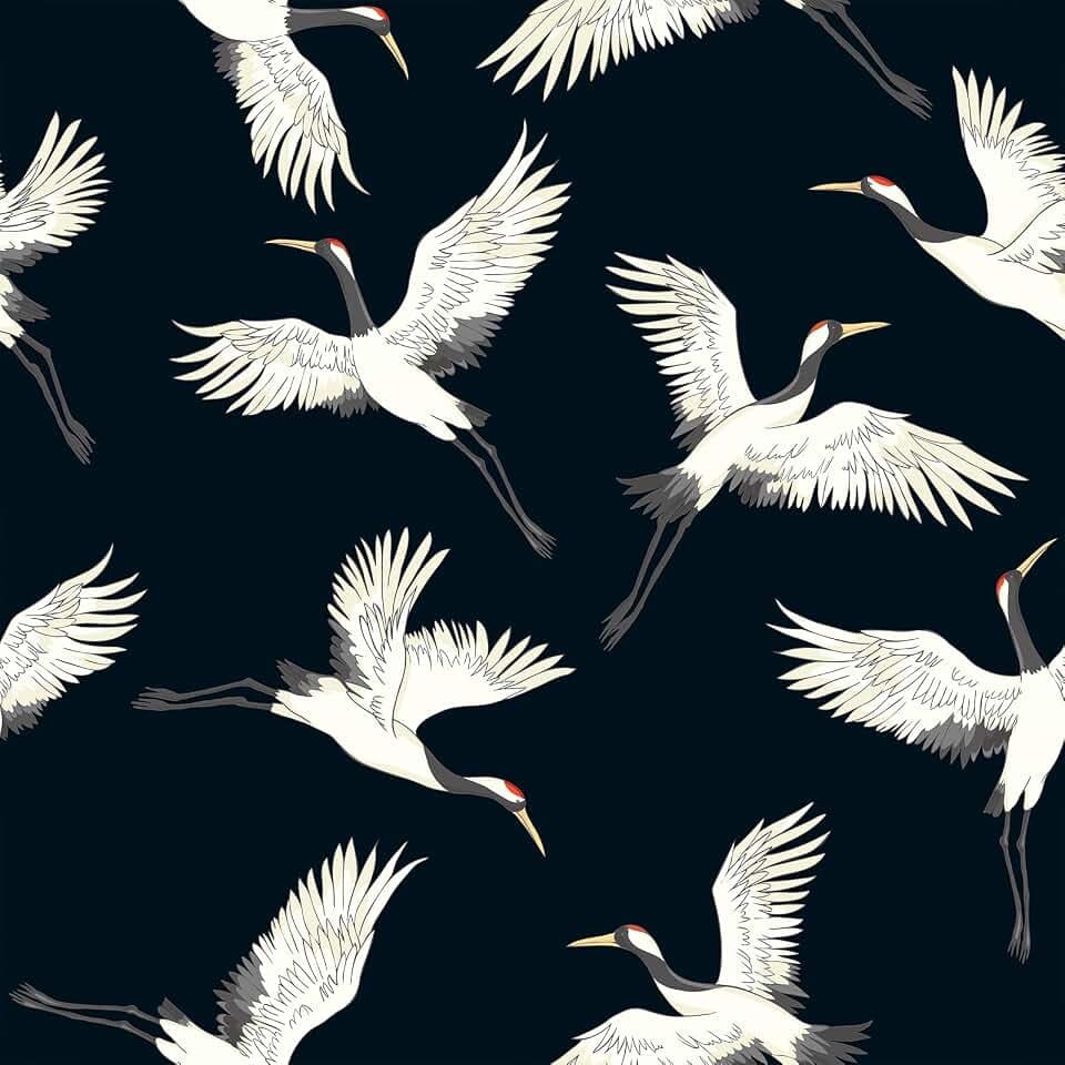 Crane Bird Peel and Stick Wallpaper Oriental Chinoiserie Flying Crane Wallpaper Japanese White Bird Black Contact Paper for Furnitures Vintage Prepasted Room Wall Covering 17.7"x157"