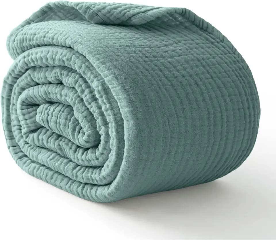100% Cotton Muslin Blanket for Adults, 6-Layer, Queen, 90 x 90, Teal Blue