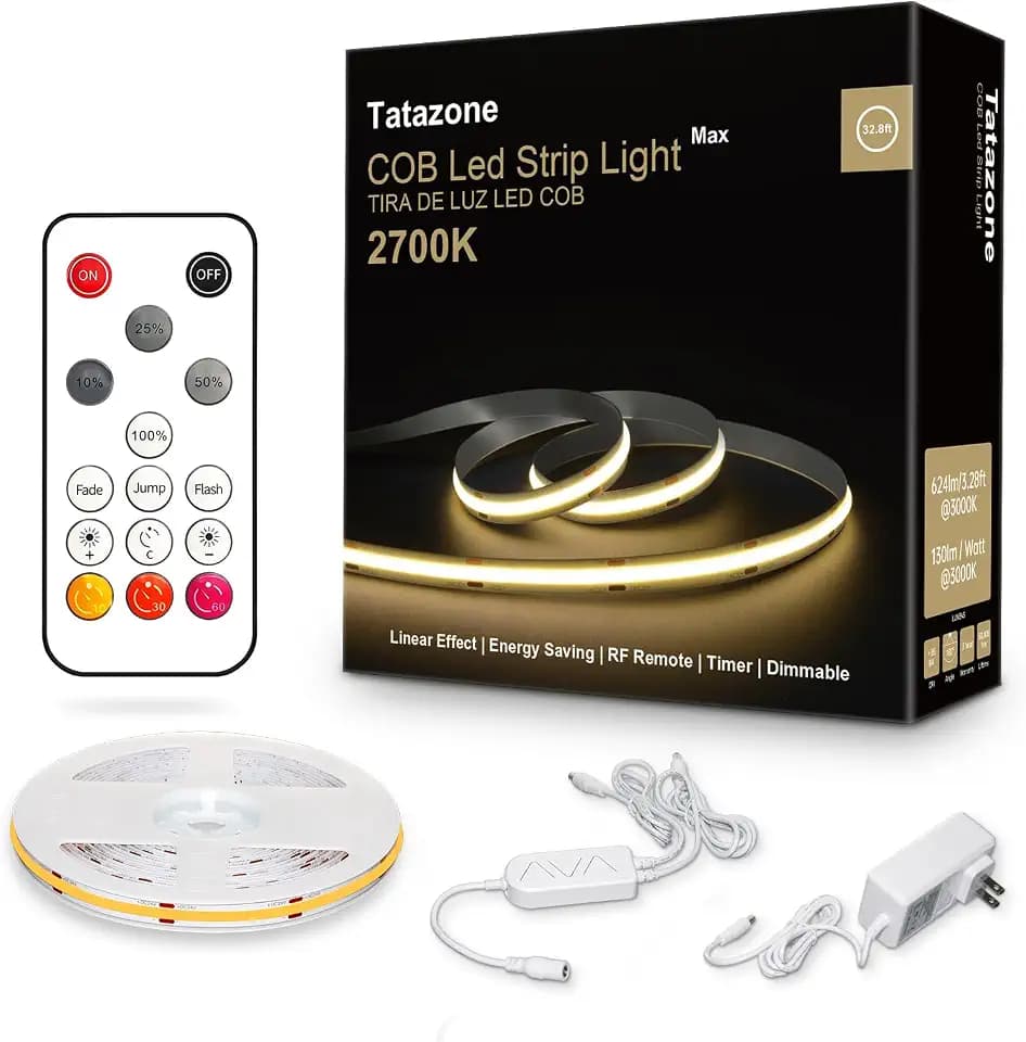 Tatazone 2700K 32.8ft White COB Led Strip Lights Max with RF Remote