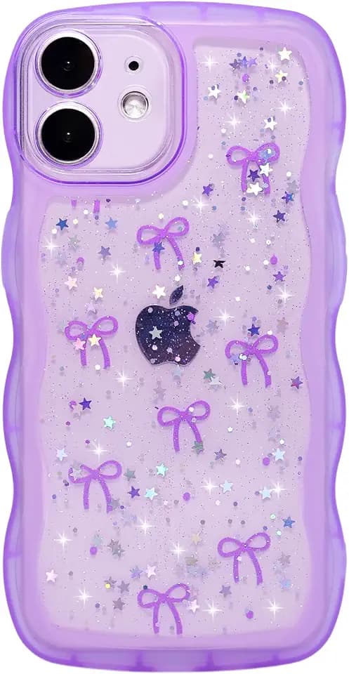Qokey for iPhone 12 Mini Case 5.4" Cute Bling Clear Curly Wave,Purple Bow