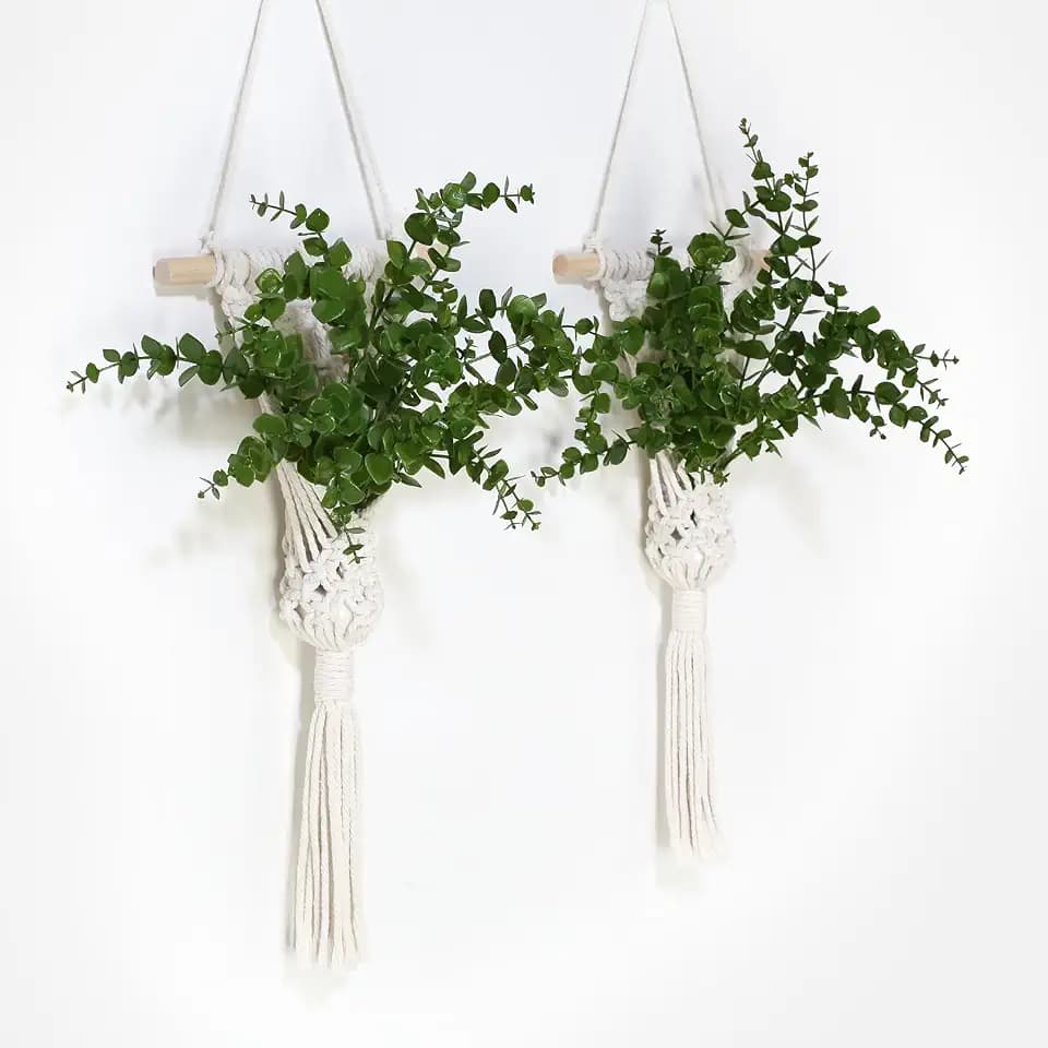 Macrame Wall Hanging Plants with LED Lights, White Cotton Rope, Wooden Dowel, Boho Woven Plant Holders with Artificial Eucalyptus Leaves, wall Decor, Set of 2 (Green)