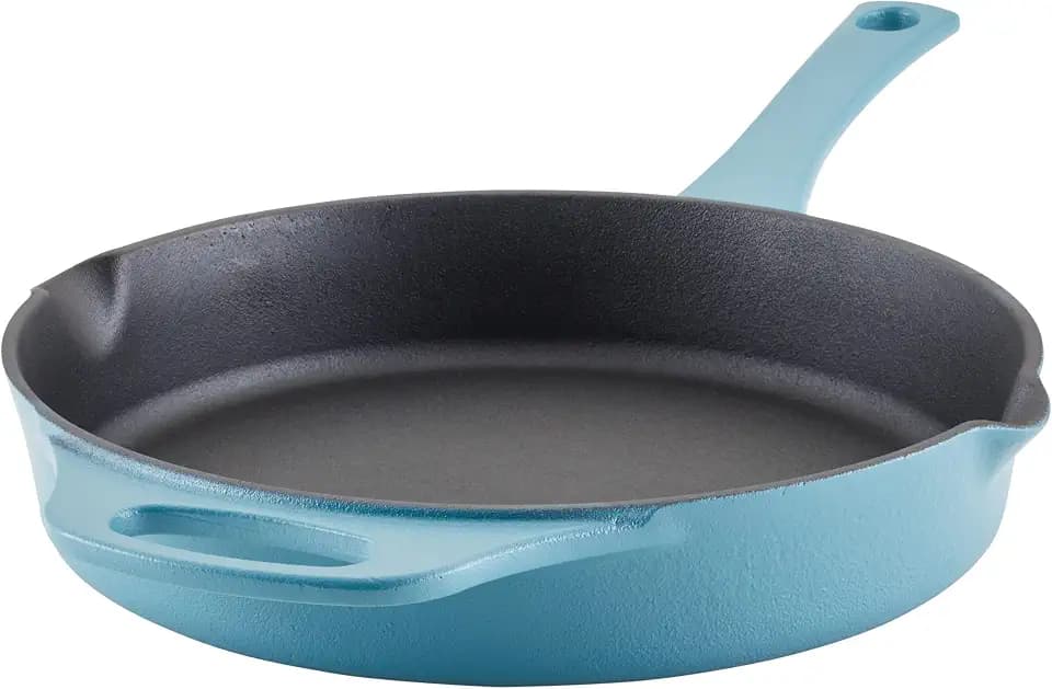 Rachael Ray NITRO Cast Iron Fryin Pan/Skillet with Helper Handle and Pour Spouts, 12 Inch - Agave Blue