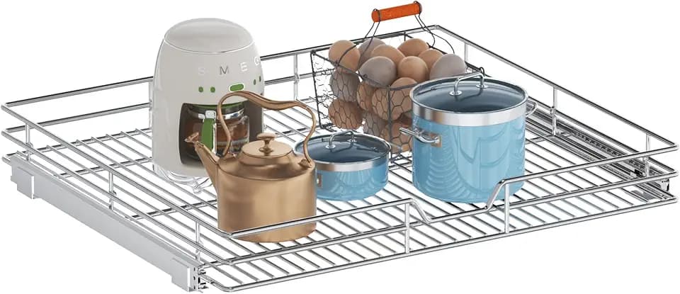 Pull Out Cabinet Organizer, 27" W x 21.5" D, Heavy Duty Chrome Slide Out Shelf for Wide Base Cabinets, Sliding Wire Basket Drawer for Pots, Pans, Appliances & Pantry Storage