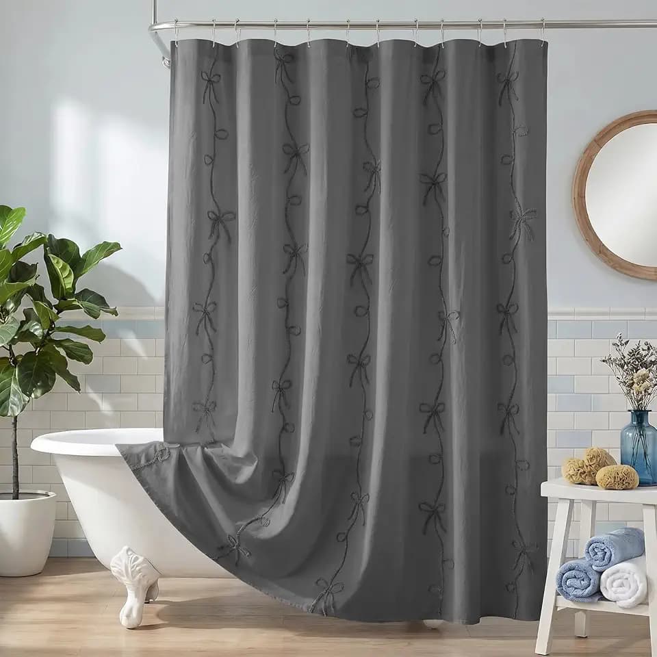 Seasonwood Grey Bow Shower Curtain with Cording Bow Embroidery 72x72 Inches
