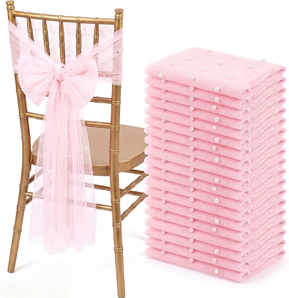 24 Pcs Pink Pearl Chair Sashes with Tulle Wedding Decor