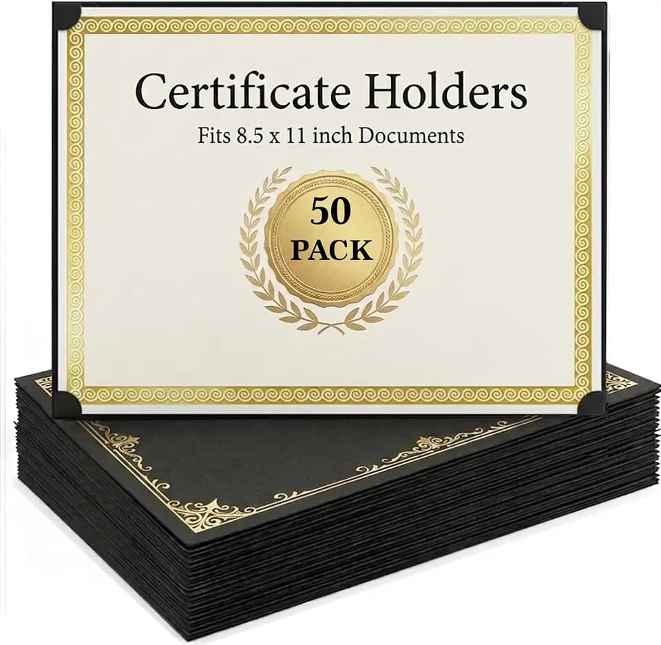 50 Pack Single Sided Certificate Holders 8.5x11 Black - Award Certificate Folders with Gold Foil Border Cardstock Covers Letter Size - Graduation Certificate Sleeves - Protective Diploma Holders Bulk