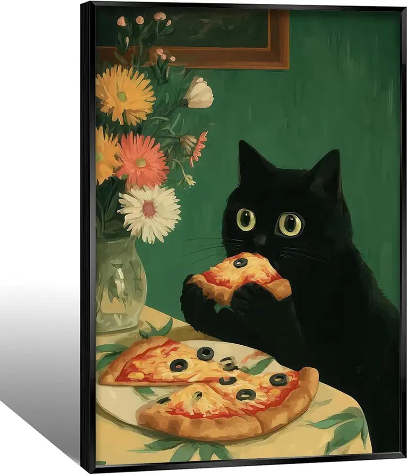 Funny Black Cat Eating Pizza Canvas Wall Art Fashion Whimsical Cat Wall Decor Pictures Dark Green Flowers Poster Prints for Living Dining Kitchen Home Decoration 16x24 in Black Framed