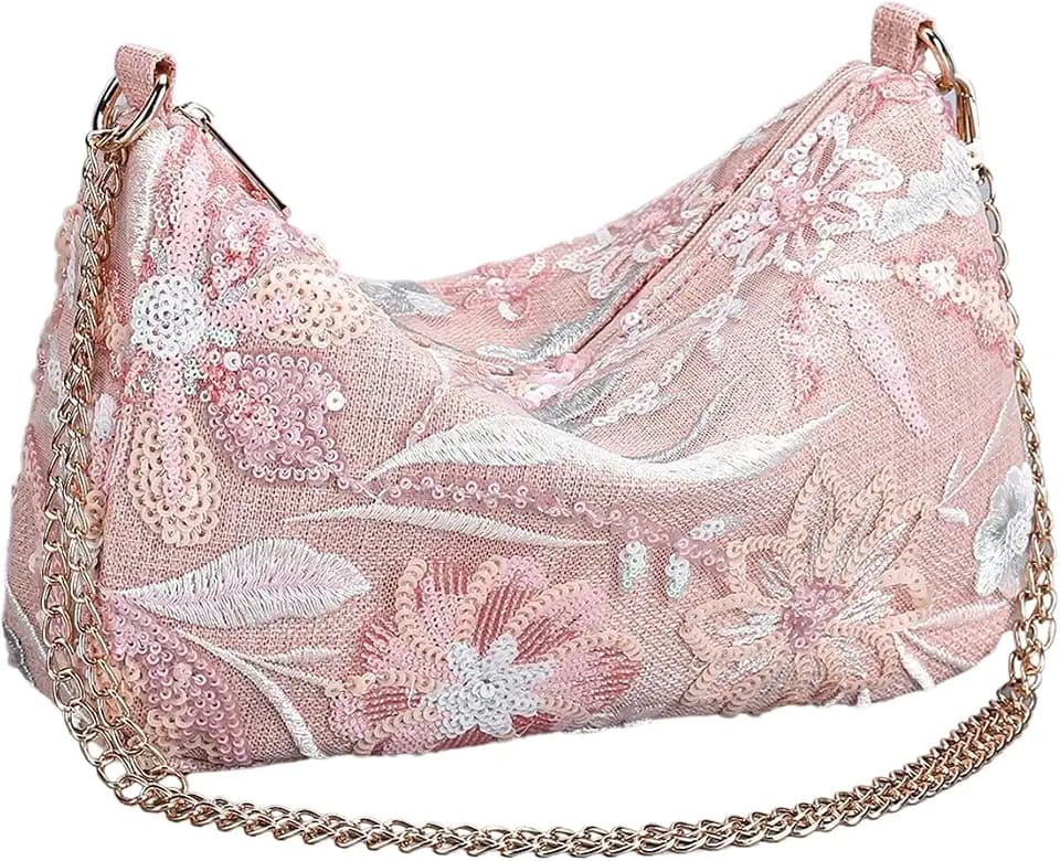 QWINEE Women's Beaded Cutch Purse Floral Embroidery Wedding Guest Purse Bag