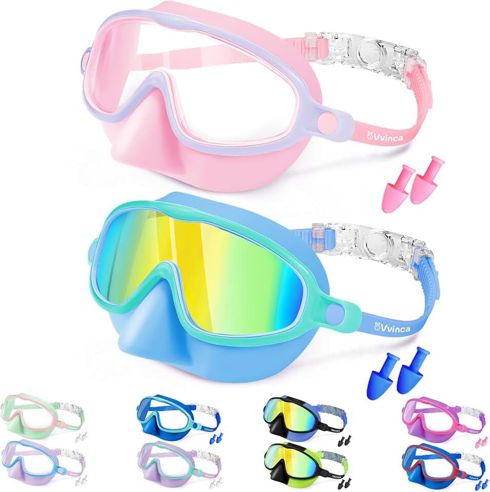 Vvinca Kids Swim Goggles with Nose Cover 2 Pack for 3-15 Anti-Fog Wide View