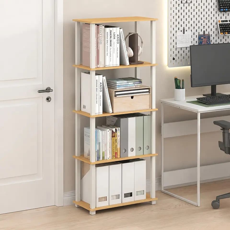 Furinno Turn-S-Tube Toolless Assembly 5-Tier Oak Storage Shelves with Square Tubes, Shelving Unit for Organization and Storage for Living Room, Home Office, Light Beech