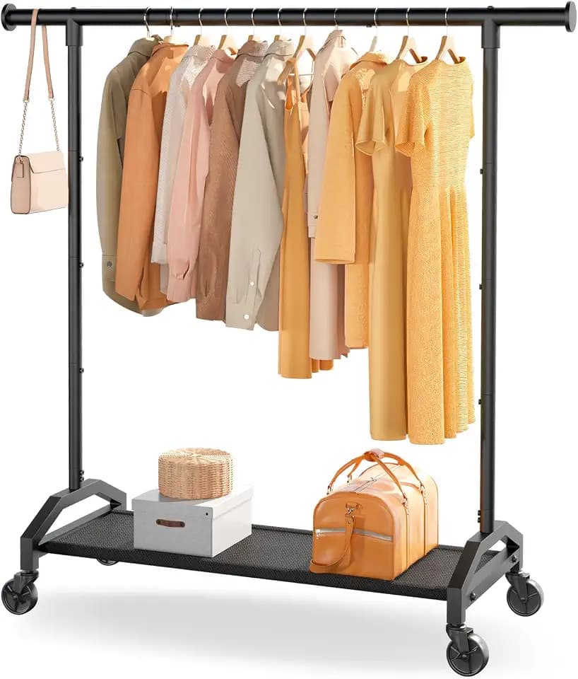 Wiracks Clothes Rack Clothing Racks for Hanging Clothes Heavy Duty Clothes Rack Hanger Rack 200lbs Capacity Industrial Wheels 1" Pipe,Rolling Garment Rack Portable Clothes Rack Black