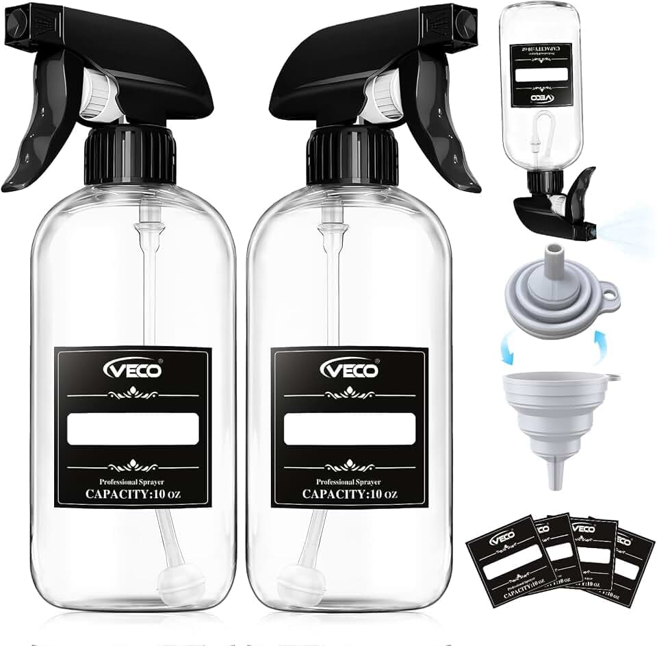 Veco 300mL (10oz) 360° Spray Bottles, 2-Pack — Adjustable Nozzle, Leak-Resistant spray bottles for Cleaning, Plants, Hair & Pet Use + Foldable Funnel