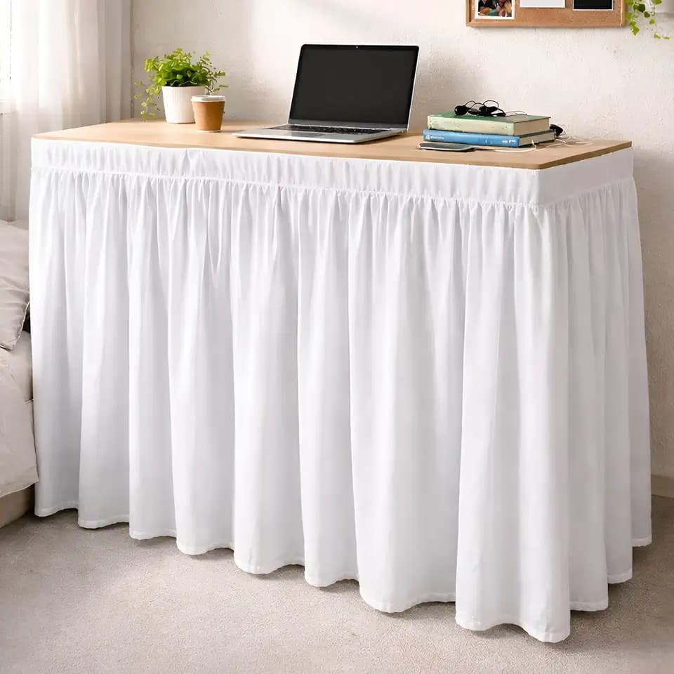 Shreem Linen Dorm Desk Skirt, Ruffled Under Desk Storage Cover, White