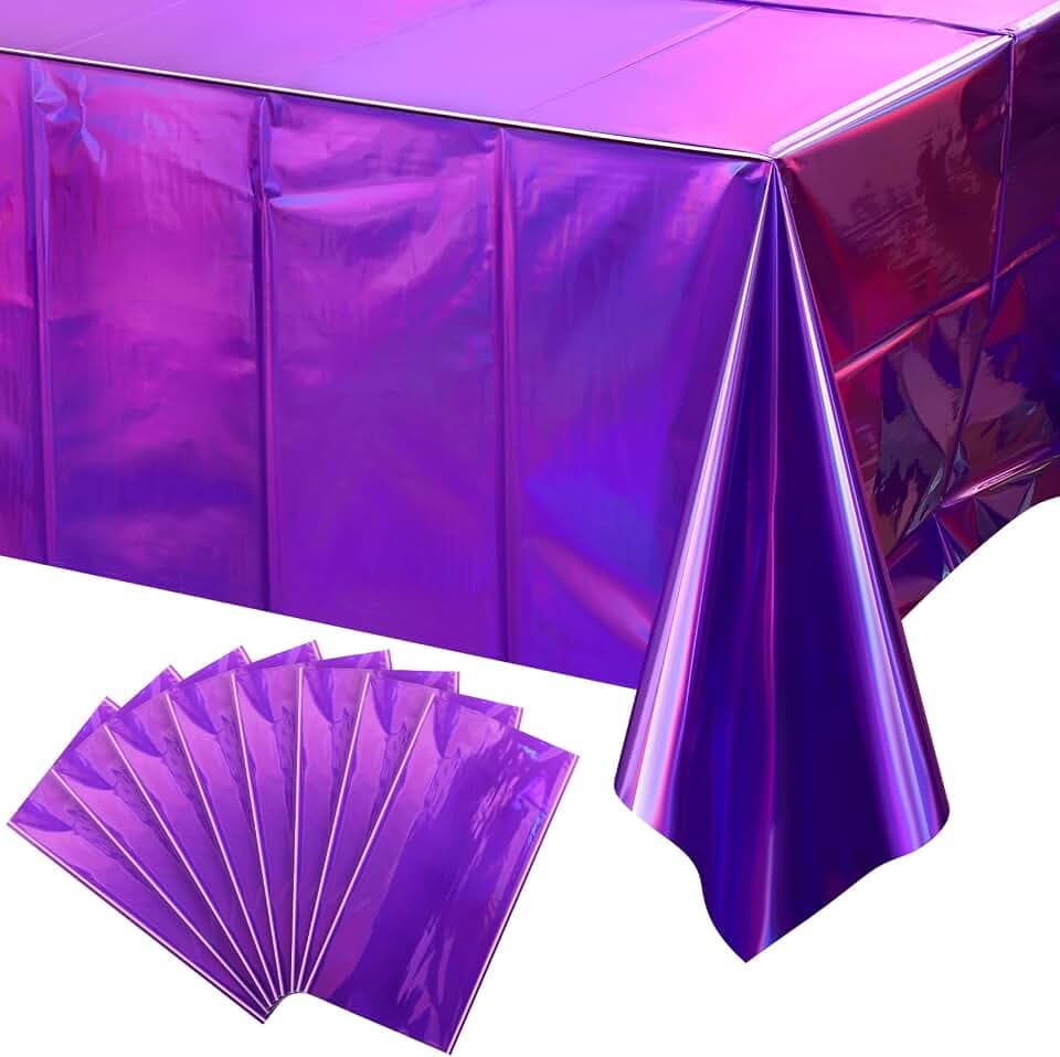 FunnyPars 8 Pack Iridescent Purple Plastic Tablecloths, Shiny Disposable Laser Rectangle Table Covers, Foil Tablecloth Iridescent Party Decorations for Kpop Birthday Bridal Wedding Decor, 54x108 Inch