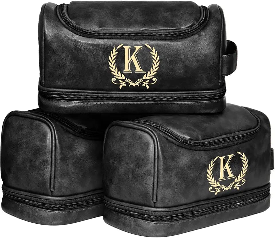 Father's Day Travel Toiletry Bag for Men, Leather Waterproof Shaving Kit Bag with Hanging Hook, Birthday Anniversary Christmas Presents for Father(Black-K)