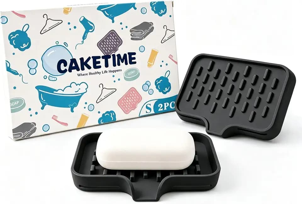 CAKETIME 2 Pack Silicone Soap Dish with Drainage Holes for Bathroom Shower Caddy Kitchen Counter Sponge Holder Bar Sink Organizer Gadgets Gears Items Self Draining Jabonera Generic Random Stuff Black