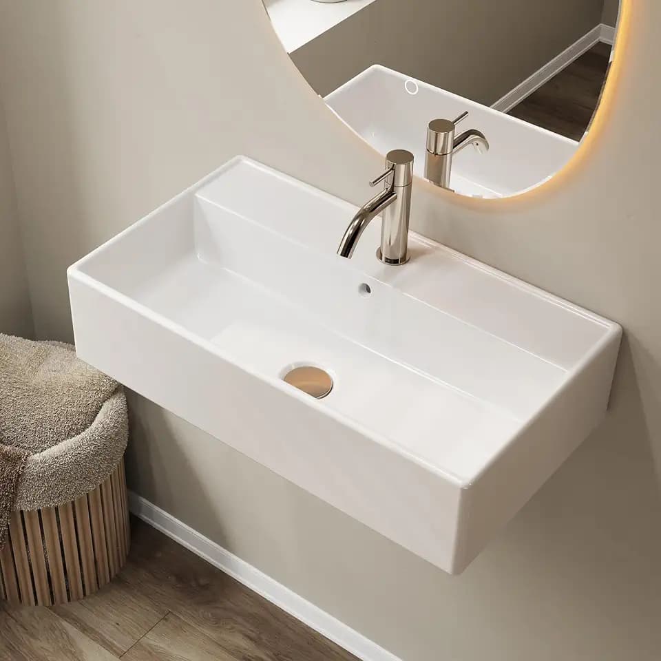 22" x 12" Wall Mount Bathroom Sink Rectangule Floating Sink Porcelain Ceramic White Bathroom Vessel Sink