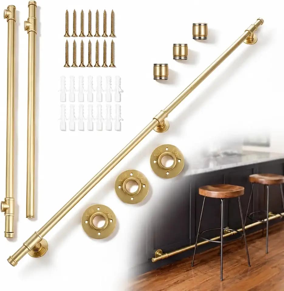 Moxweyeni 6 ft Gold Bar Foot Rails Kit Brass Staircase Handrail for Shelves Pipe Handrail with Mount Hardware and Tubing Bar Rest Brackets for Indoor Outdoor Office Restaurant Kitchen Island