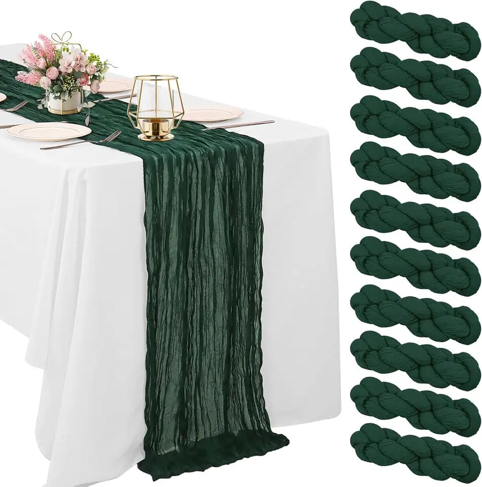 10 Pack Dark Green Cheesecloth Table Runner 10FT Boho Gauze Fabric Table Runner Vintage Rustic Sheer Runners for Wedding Party Bridal Baby Shower Christmas Long Table Decorations