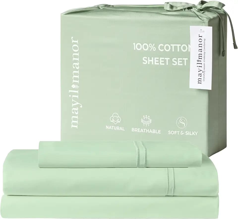 Twin Sheet Set, 500 TC Single-Ply Cotton Sateen, 3-Piece, Sage