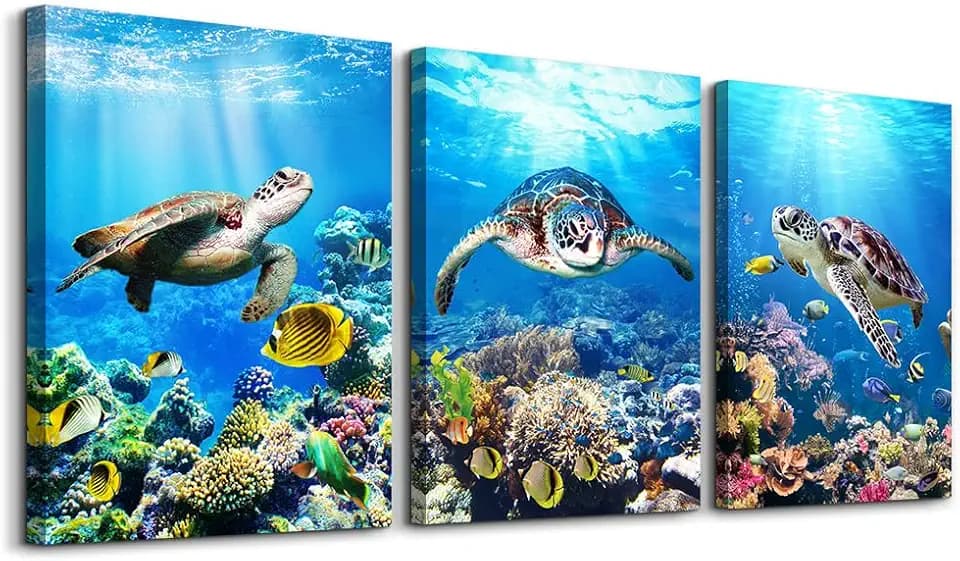 MHARTK66 Canvas Wall Art - Modern Decor for Living Room, Bedroom & Office - Sea Turtle Wall Paintings - Ocean & Underwater World Pictures - 3 Panels Ready to Hang - 12" X 16" Each