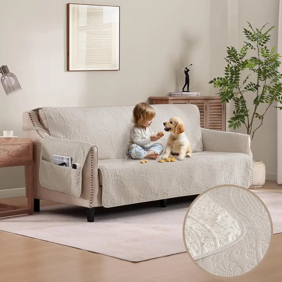 Quilted Beige Sofa Slipcovers with Pockets, Anti-Slip Medallion Couch Covers for Sofa, Couch Cover for Dogs Cats Water-Repellent Machine Washable Sofa Cover (Large Sofa 68", Beige Cream)