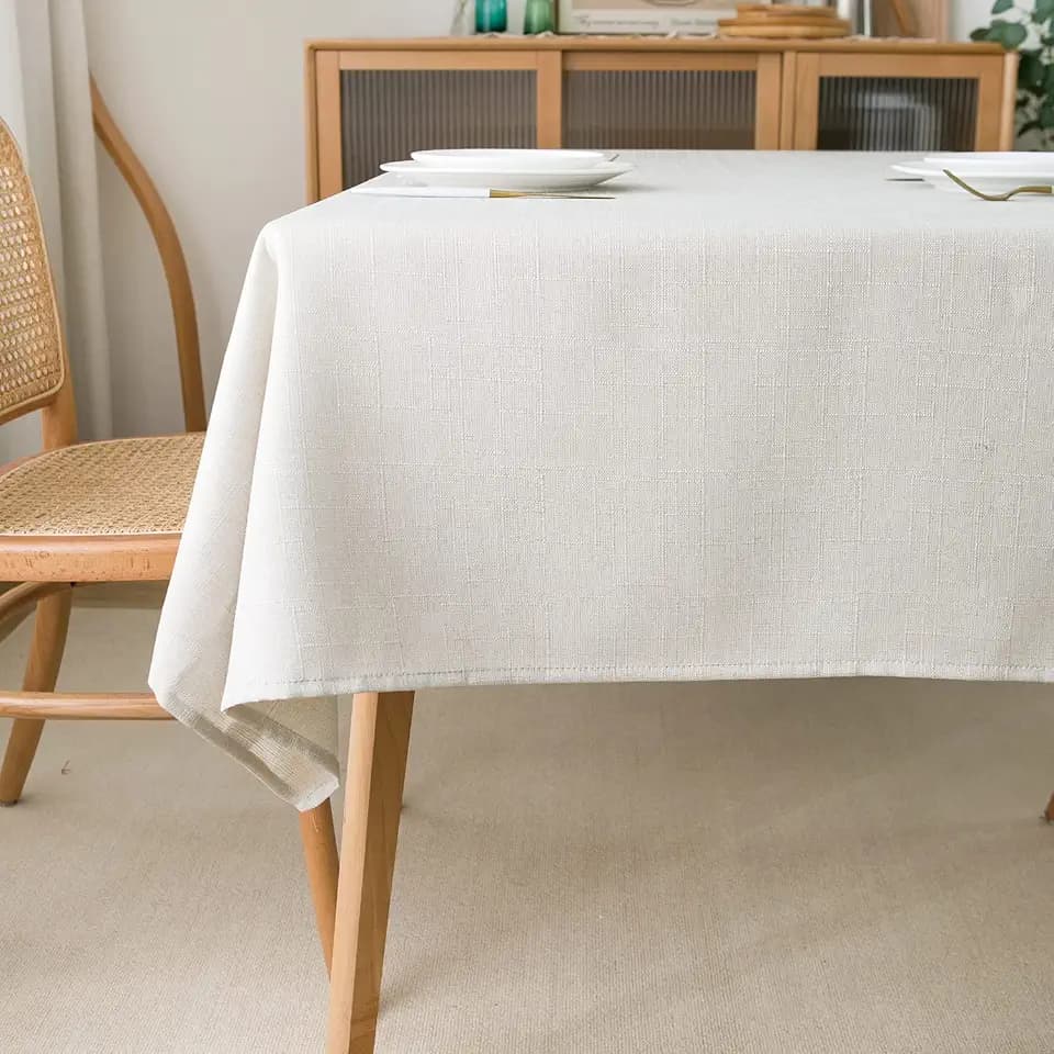 NLMUVW Iovry White Linen Tablecloth 102 Inch, Textured Farmhouse Table Cloth Decorative Water Resistant Table Cover for Kitchen Dining, 54 x 102 Inch