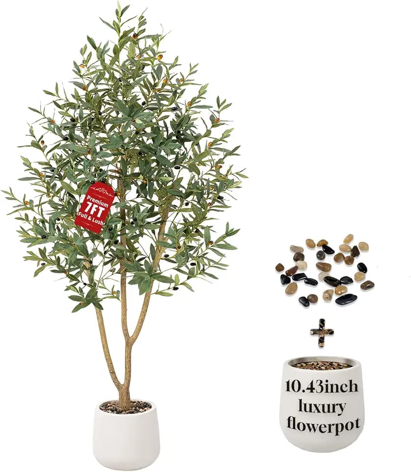 7FT Olive Trees Artificial, Large Faux Olive Tree with White Tall Planter, Faux Tree Indoor with Lush Lifelike Fruits for Living Room Bedroom Balcony Corner Office Home Decor