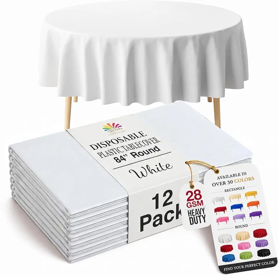 Exquisite 12-Pack Premium Plastic Tablecloth 84in. Round Table Cover - White