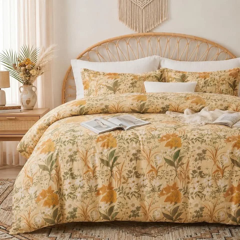 100% Cotton Duvet Cover King Size – Vintage Botanical Yellow Floral Bedding Set with Zipper Closure, 3 Pcs Breathable and Soft Duvet Cover for All Seasons