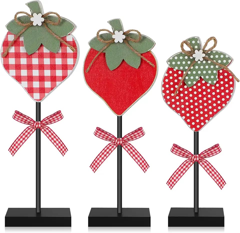 3 Pcs Strawberry Table Decor Wooden Sign Standing Block Centerpiece