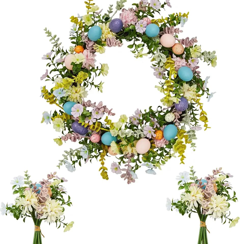 Easter Wreath for Front Door – 18in Spring Flower Wreath with Easter Eggs & Lush Greenery, Artificial Floral Door Wreath on Real Rattan Base, Includes 2 Matching Bouquets for Spring Front Door Decor