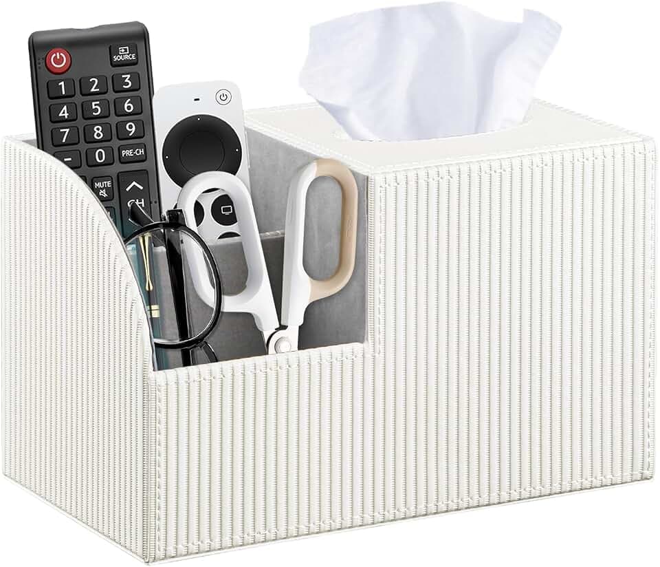 Square Tissue Box Cover with Storage, PU Leather Facial Cube Tissue Holder
