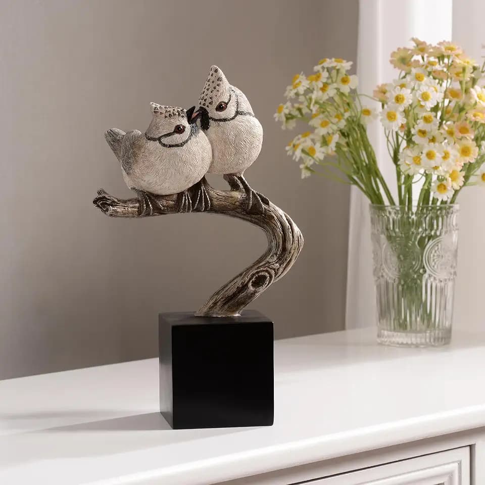 HI-LINE Couple Crested Tit On Branch Lifelike Bird Resin Home Tabletop Decor