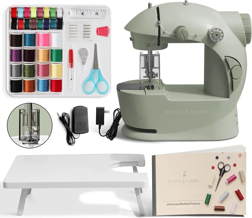 Hearth & Harbor Mini Sewing Machine for Beginners, Dual Speed Small Portable Sewing Machine for Kids and Adults with Extension Table, 48 Piece Gift Set Includes, Pedal, Projects Book and More, Green